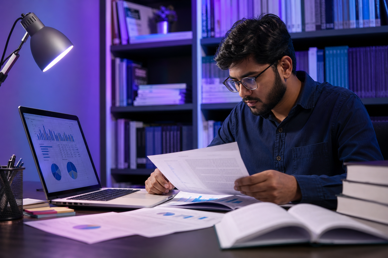 Researcher reviewing sources